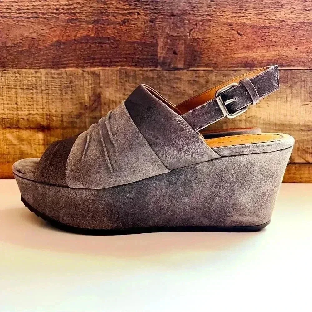 Trask Shari Suede Open Toe Slingback Wedge Sandals